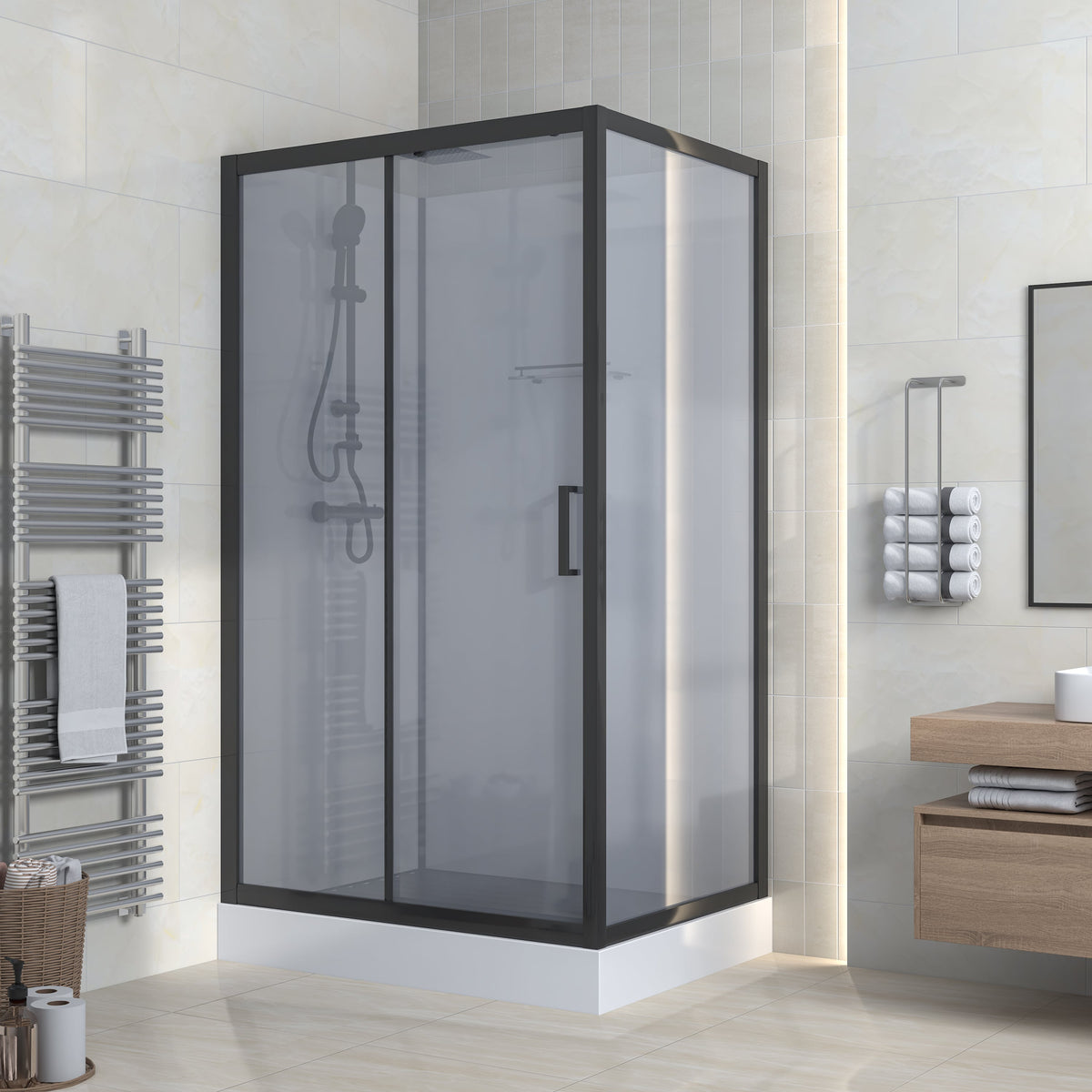 MARANI COMPLETE DOUCHECABINE MET SCHUIFDEUR - OMKEERBAAR - - - GRIJS ROOKGLAS