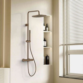 STRIA REGENDOUCHESET - THERMOSTATISCH - COOL TOUCH - HOOFDDOUCHE 30 CM - OPBOUW - KNOPPEN MET VERFIJNDE RIBBELSTRUCTUUR - BRUIN BRONS (PVD)