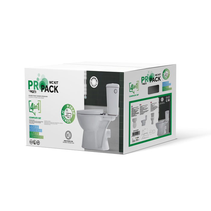 ALONI PRO DUOBLOK - STAAND TOILET - RANDLOOS - P-TRAP - MUURUITLAAT - MET RESERVOIR - MET SPOELMECHANISME - DUBBELE SPOELFUNCTIE 4/6L - MET ZITTING - SOFTCLOSE - QUICK RELEASE - 39X73X67 CM - WIT