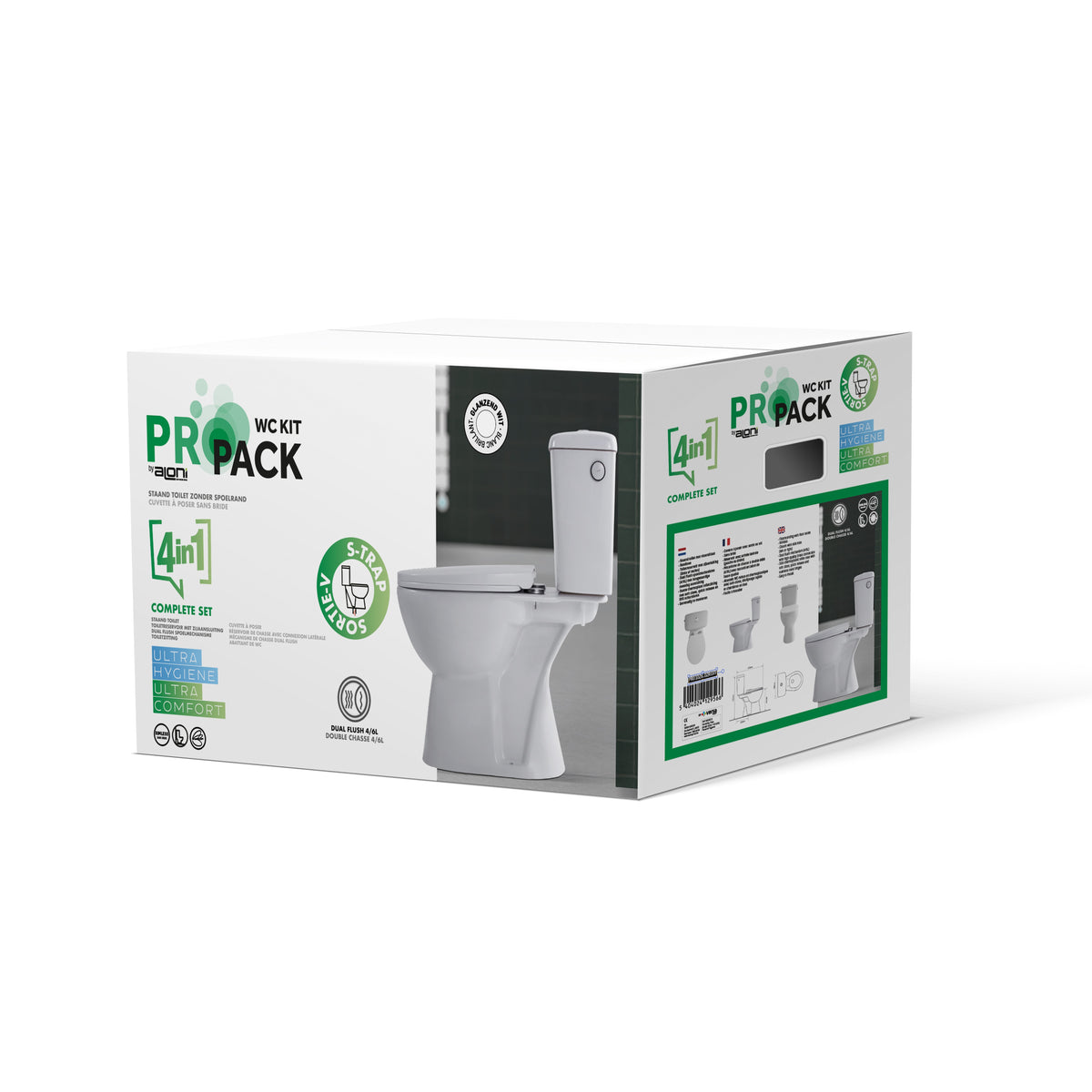 ALONI PRO DUOBLOK - STAAND TOILET - RANDLOOS - S-TRAP - VLOERUITLAAT - MET RESERVOIR - MET SPOELMECHANISME - DUBBELE SPOELFUNCTIE 4/6L - MET ZITTING - SOFTCLOSE - QUICK RELEASE - 39X73X67 CM - WIT