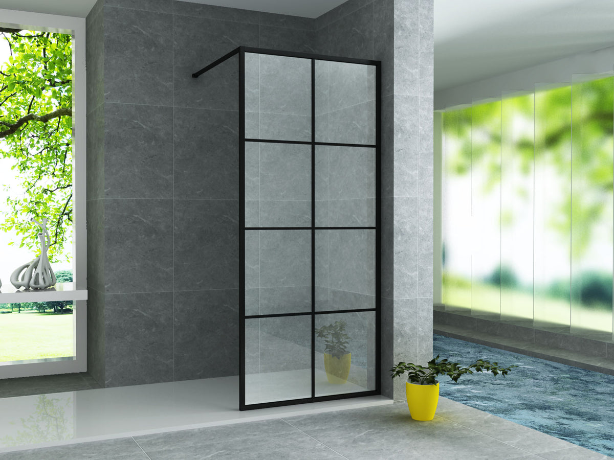 ALONI INLOOPDOUCHE MET RASTER DECOR - 1200 X 2000MM - MAT ZWART - HELDER GLAS