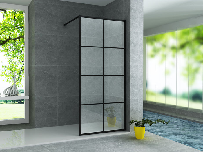 ALONI INLOOPDOUCHE MET RASTER DECOR - 1400 X 2000MM - MAT ZWART - HELDER GLAS