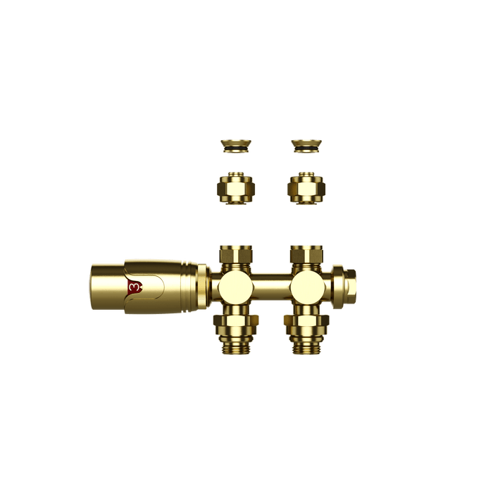 BELRAD RADIATORKRAAN - DESIGN - THERMOSTATISCH - MIDDENAANSLUITING - MUUR-EN VLOERAANSLUITING - GEBORSTELD GOUD