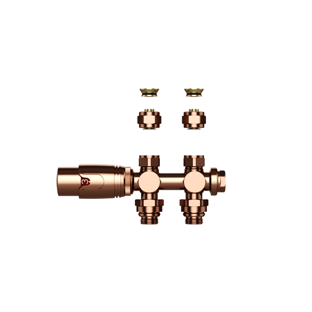 BELRAD RADIATORKRAAN - DESIGN - THERMOSTATISCH - MIDDENAANSLUITING - MUUR-EN VLOERAANSLUITING - GEBORSTELD KOPER