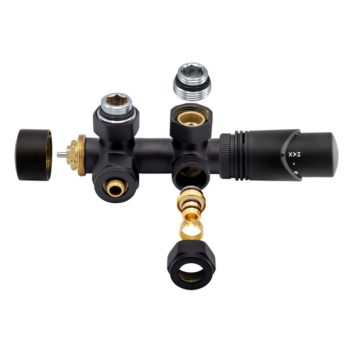 BELRAD RADIATORKRAAN - DESIGN - THERMOSTATISCH - MIDDENAANSLUITING - HAAKS - MUURAANSLUITING - MAT ZWART