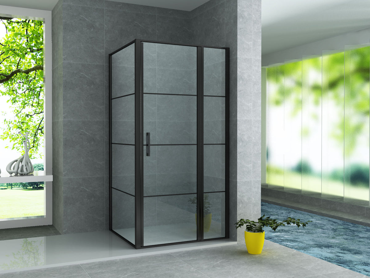 ALONI DOUCHECABINE - DRAAIDEUR EN ZIJWAND - 900 X 1400 X2000 MM - MAT ZWART - HELDER GLAS MET ZWART RASTER