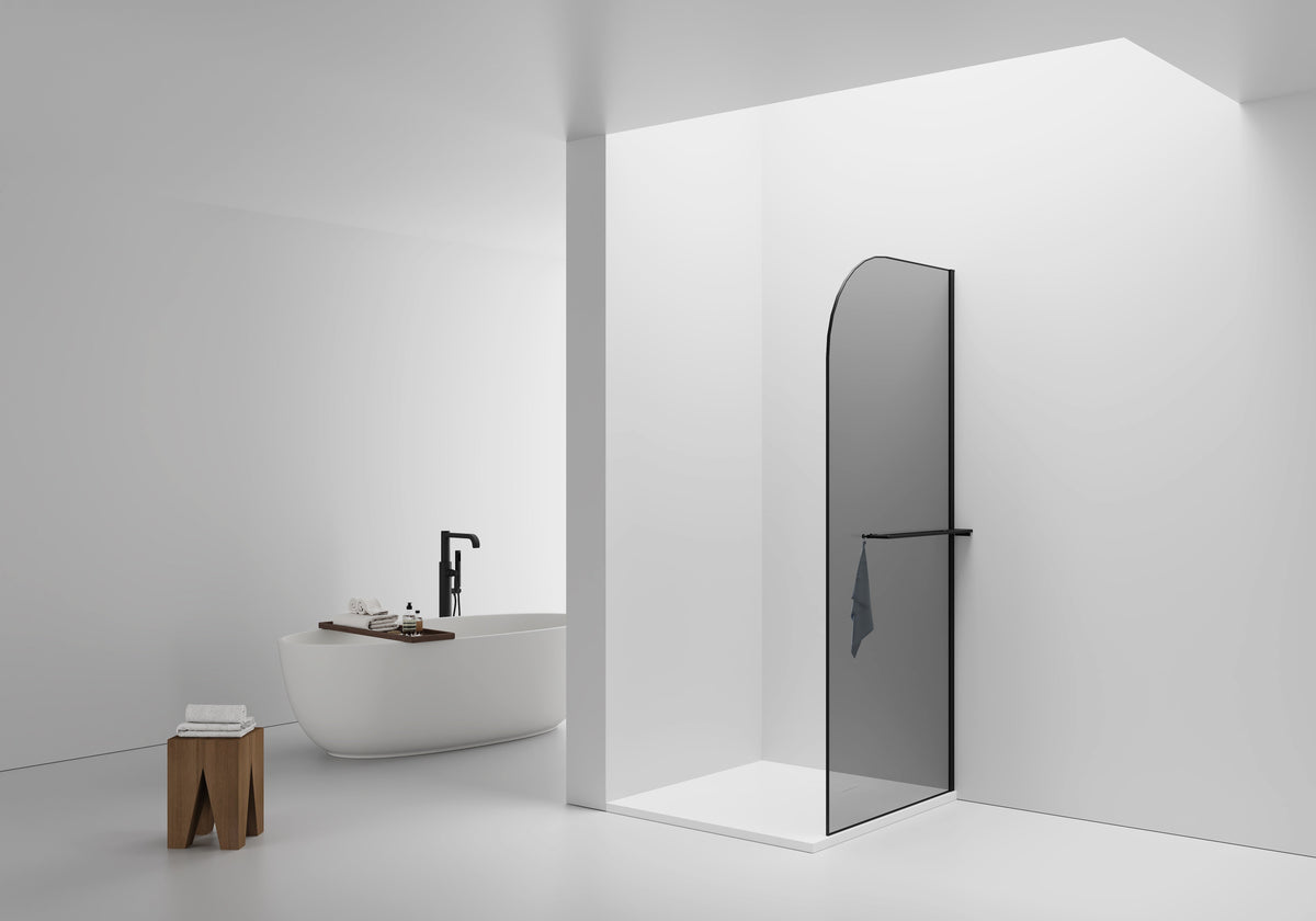 CURVY INLOOPDOUCHE MET HANDDOEKHOUDER - GEBOGEN - MET ANTI-KALKBEHANDELING - OMKEERBAAR - VEILIGHEIDSGLAS - - - GRIJS ROOKGLAS