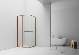 INSLIDE DOUCHECABINE - NAAR BINNEN OPENENDE SCHUIFDEUR EN ZIJWAND - RUIMTEBESPAREND - OMKEERBAAR - 6MM VEILIGHEIDSGLAS - 90X90X200 CM - GEBORSTELD KOPER - HELDER GLAS