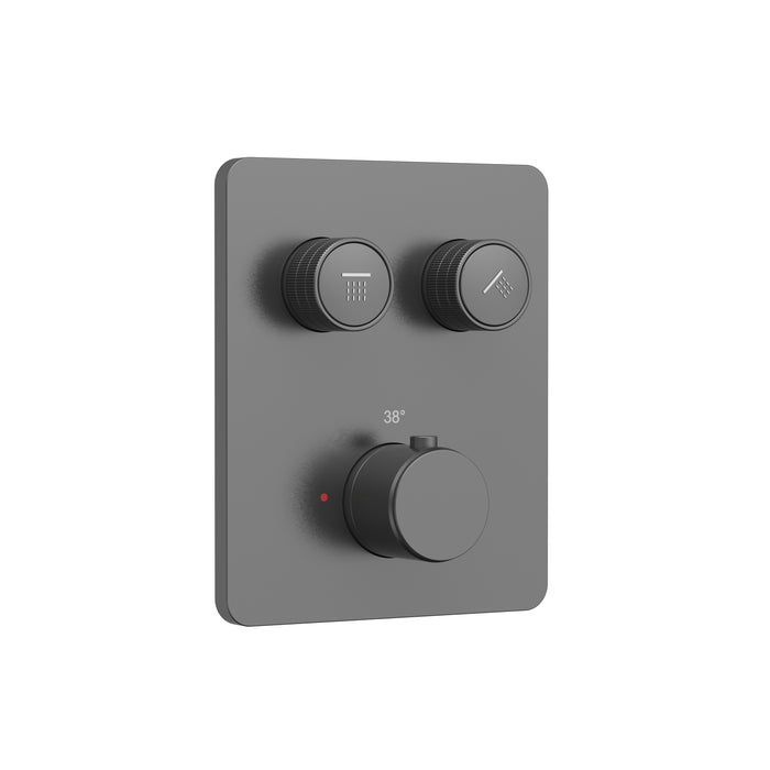 STRIA DOUCHEMENGKRAAN - 2 WEG - THERMOSTATISCH - DRUKNOPPEN MET VERFIJNDE RIBBELSTRUCTUUR - MET INBOUWBOX EN AFBOUWDEEL - RECHTHOEKIG (PVD)