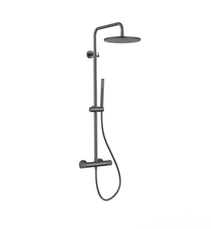 STRIA REGENDOUCHESET - THERMOSTATISCH - COOL TOUCH - HOOFDDOUCHE 30 CM - OPBOUW - KNOPPEN MET VERFIJNDE RIBBELSTRUCTUUR - GUNMETAL (PVD)