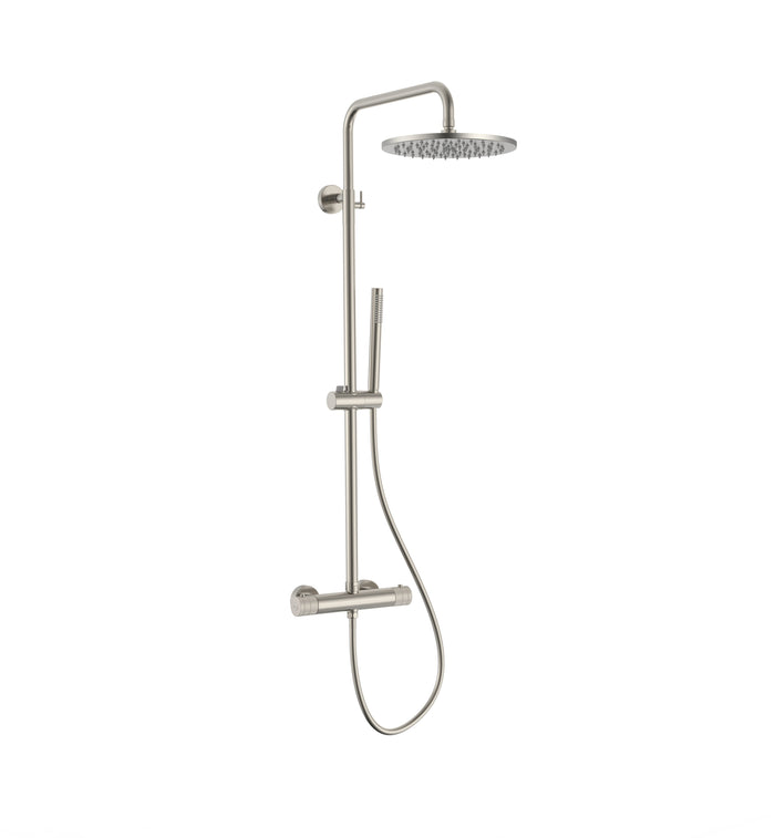 STRIA REGENDOUCHESET - THERMOSTATISCH - COOL TOUCH - HOOFDDOUCHE 30 CM - OPBOUW - KNOPPEN MET VERFIJNDE RIBBELSTRUCTUUR - GEBORSTELD RVS