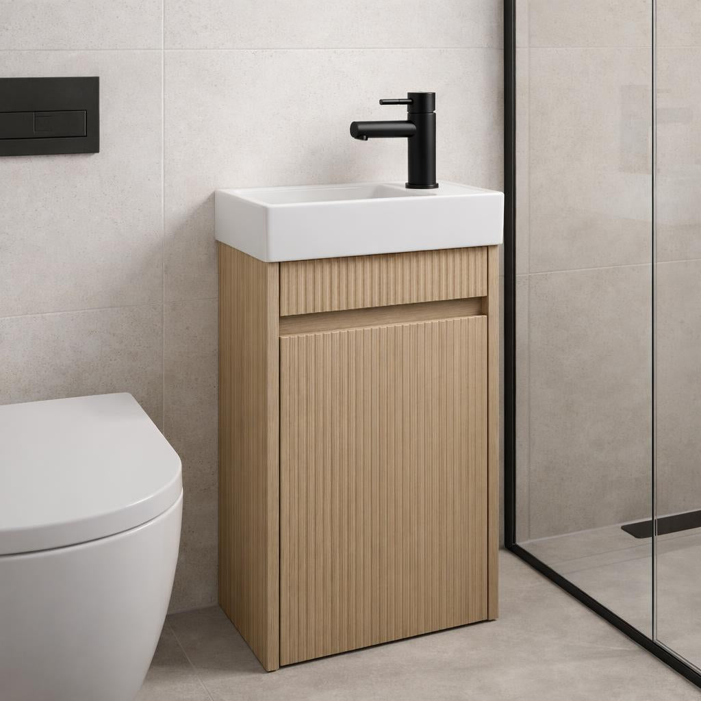 Toilet meubelset Eikgrijs geribbeld incl. zwarte kraan, sifon en zwarte popup 40 x 22,5 x 63 (b x d x h)